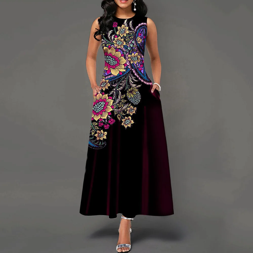 Женское платье с высокой талией длинное винтажное цветочным принтом и карманом