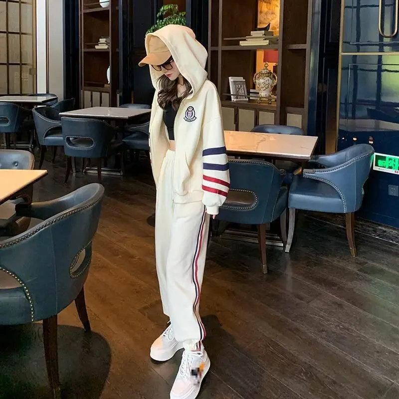 

Кашемировая толстовка с капюшоном на молнии и штаны-шаровары, женская одежда в стиле хип-хоп, спортивный костюм для женщин, комплект из 2 пре...