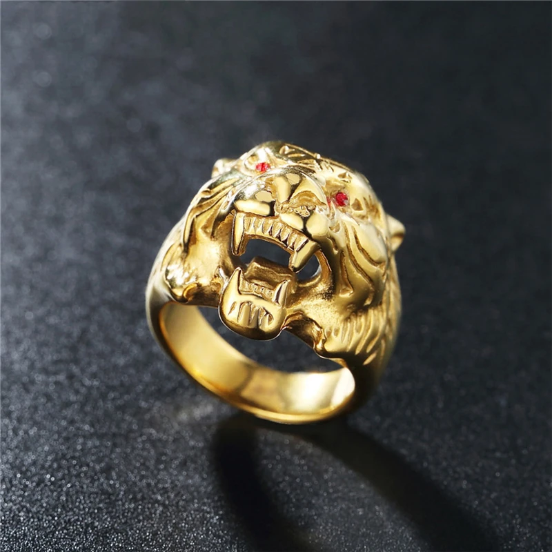 

Punk Style Gold Color Stainless Steel Jewelry Bijoux Fashion Tiger Head Finger Ring For Men Women Goth Accessories Free Shipping