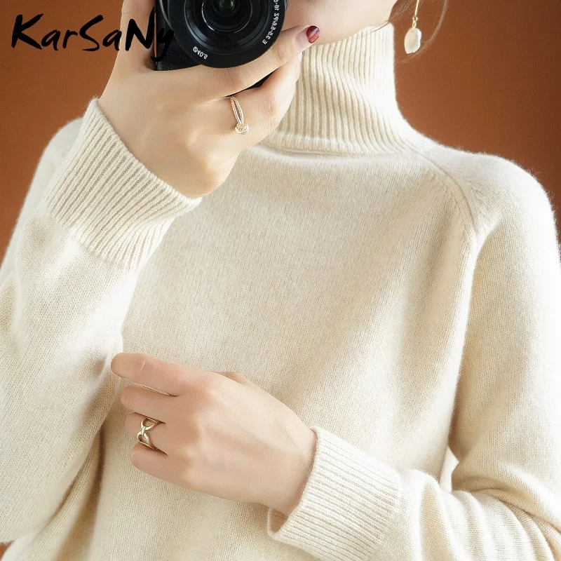 Свитер женский осенне-зимний вязаный желтый теплый с высоким воротом 2020 | Женская