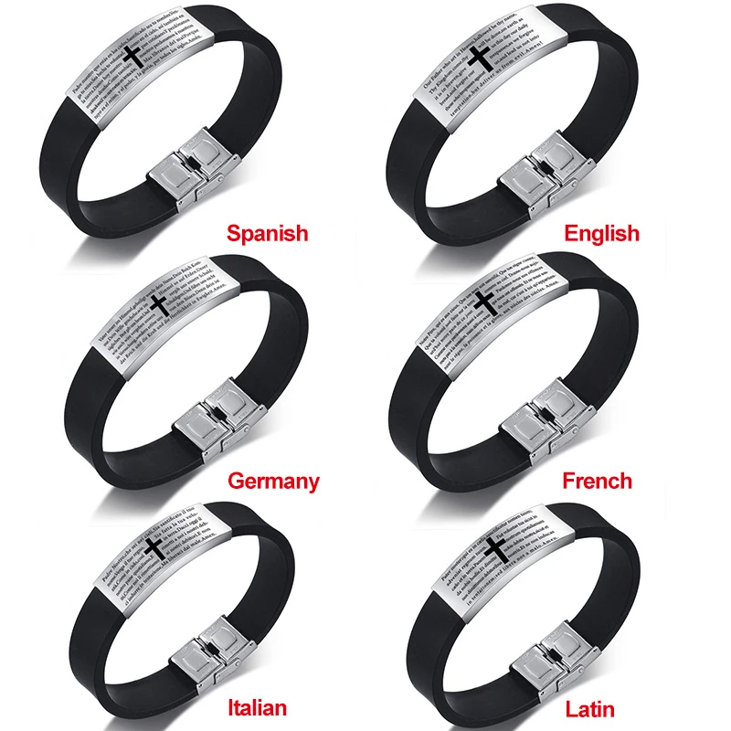 Vnox Russian Germany Latin Assorted Version Bible Verse Bracelets for Men The Lords Prayer Quotes Christian Prayer Cross Bangle