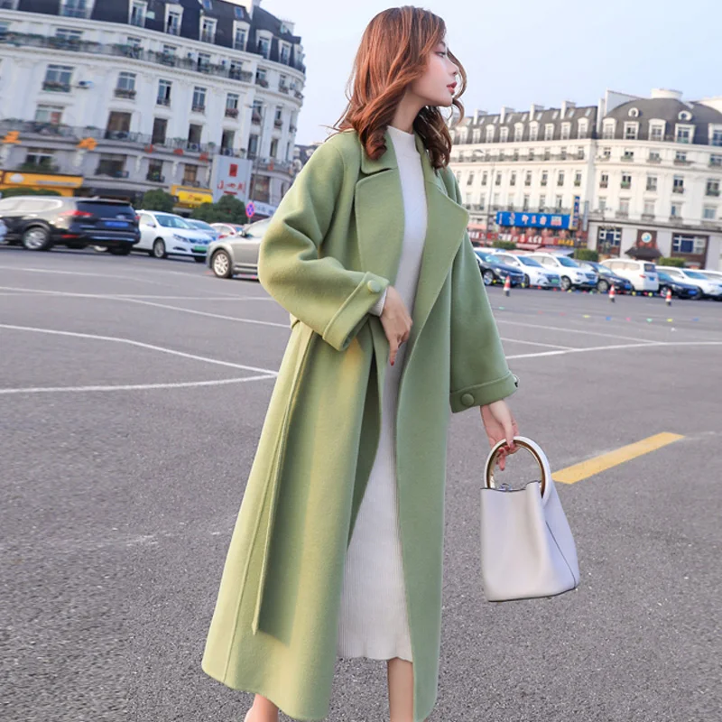 Женское шерстяное пальто с поясом длинная куртка-ветровка большого размера