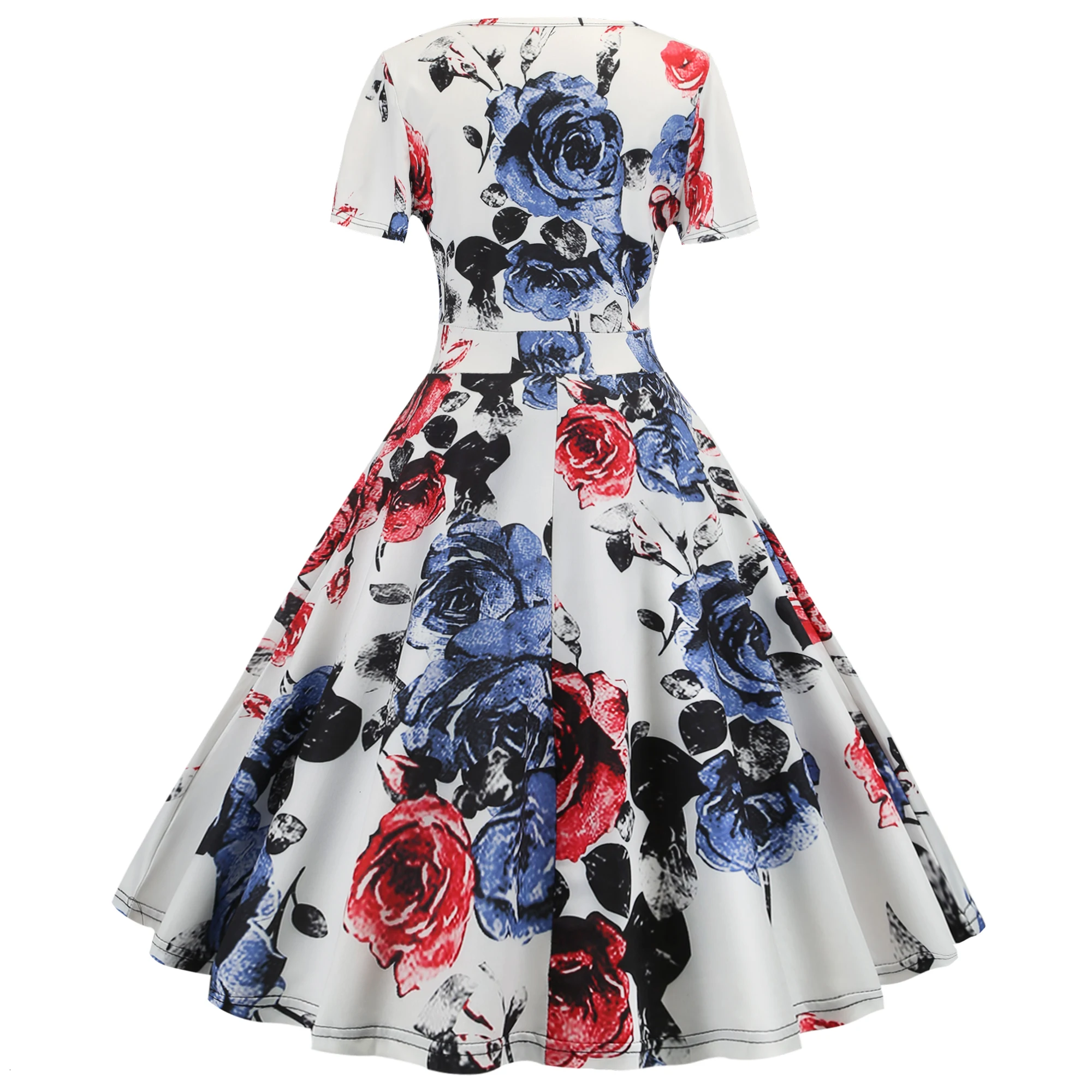 Bebovizi Women 2019 Summer Dresses Casual Office Elegant Vintage Short White Dress Plus Size Flower Print Sexy V-Neck Vestidos |