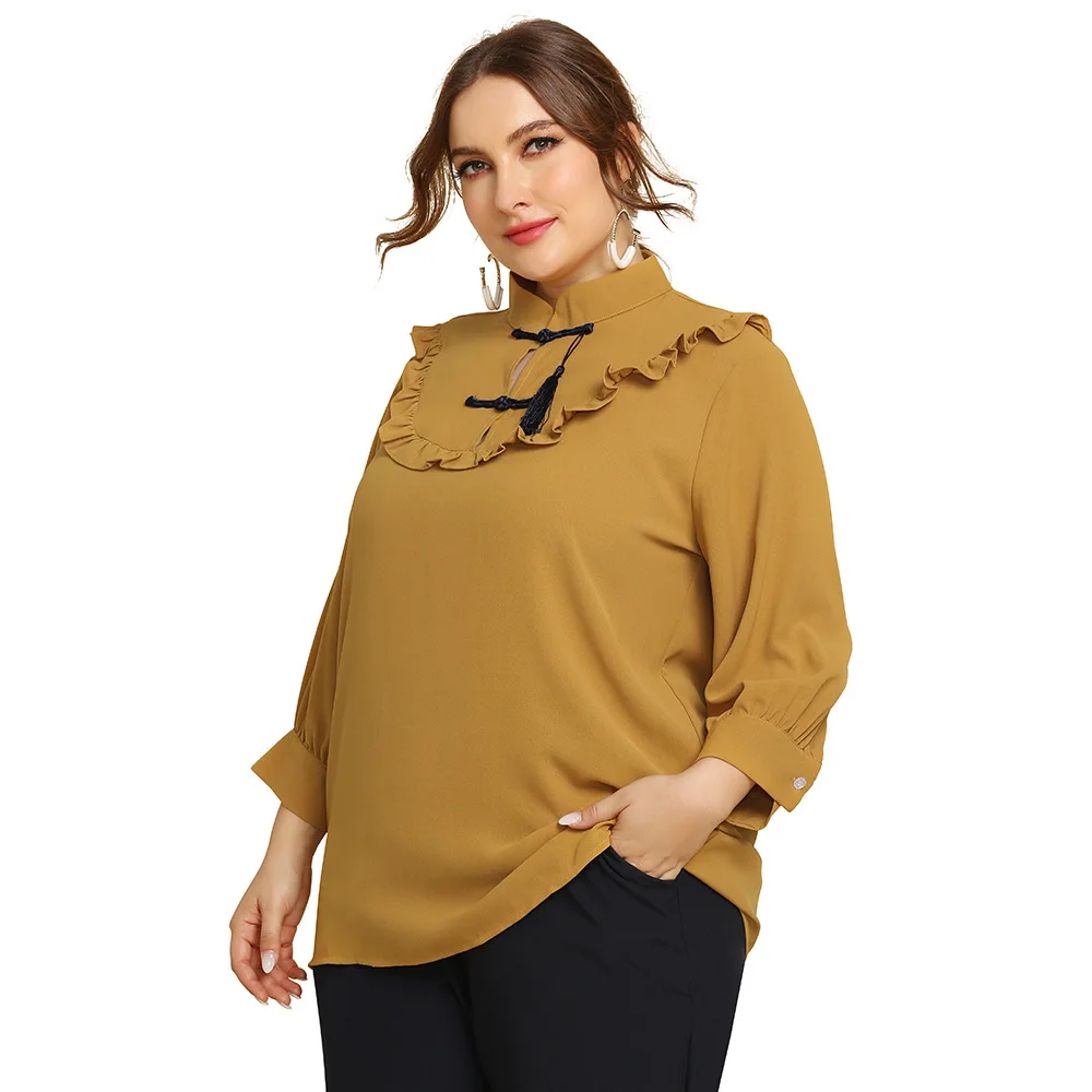 

Сезон весна-осень; XL 4XL размера плюс, женская верхняя одежда в ретро-стиле с воротником-стойкой однотонные Повседневная рубашка с оборками б...