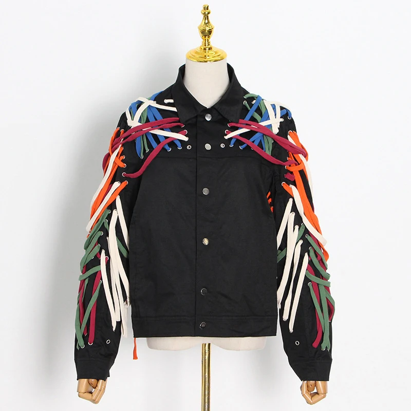 

GALCAUR Casual Hit Color Bandage Jacket For Women Lapel Long Sleeve Hit Color High Street Jackets Female Fashion New Clothing