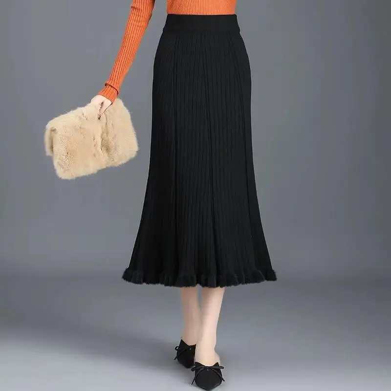 

Vintage Winter Women Thick Sweater Skirt Elastic High Waist Pleated Midi Knitted Skirt A-line Female Solid Elegant Skirts W66