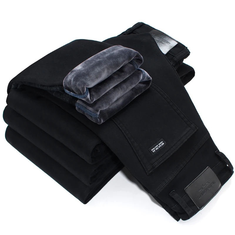 2020 утолщенные серые теплые мужские джинсы из флиса или среднего веса черные