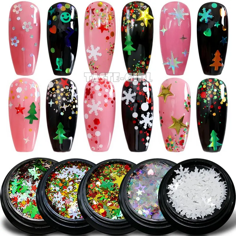 1 баночка для ногтей блестящая микс-форма Рождественская елка снежинка звезды