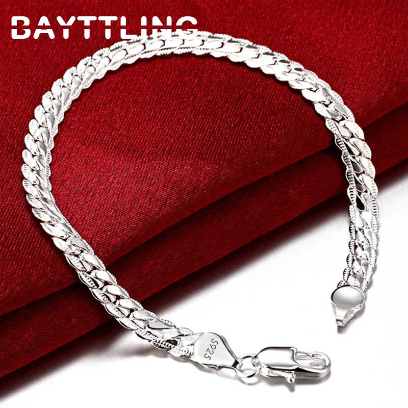 

BAYTTLING Silver Color 6MM Full Sideways Bracelet For Women Men 8 inch Chain Bracelet Fashion Jewelry Wedding Gift