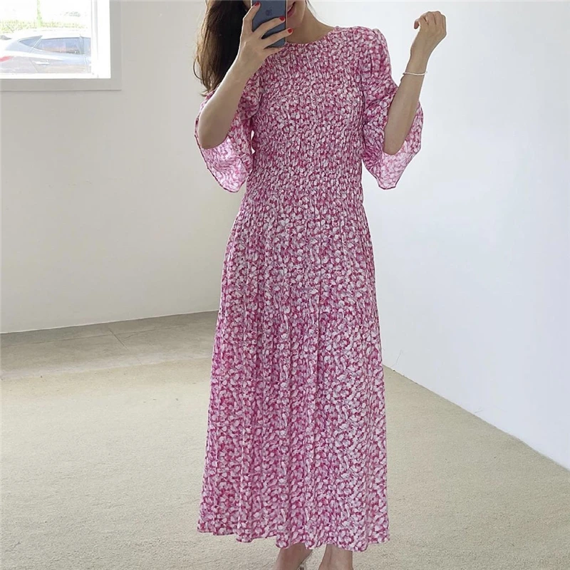 

Korejpaa Women Dress 2021 Summer Korean Chic Fresh Floral Print Round Neck Pleated Waist Slim Five-Point Flared Sleeve Vestidos