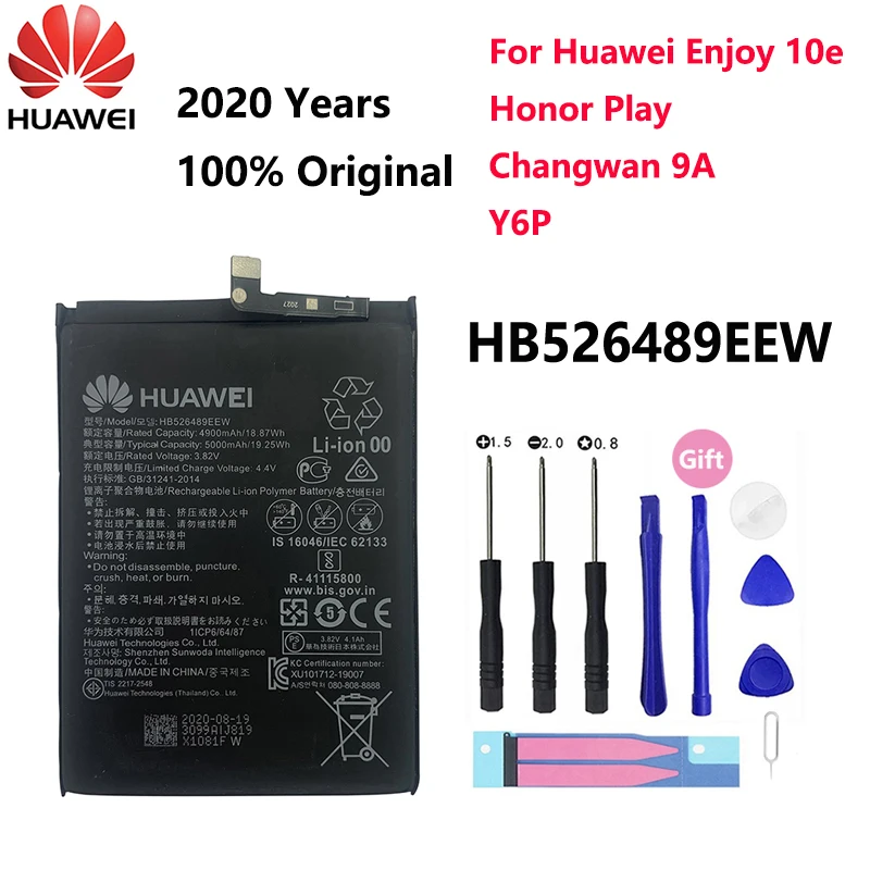 

100% Оригинальный телефон HB526489EEW 5000 мАч аккумулятор для Huawei Enjoy 10e Honor Play Changwan 9A Y6P MED-L29 LX9 батареи батарея