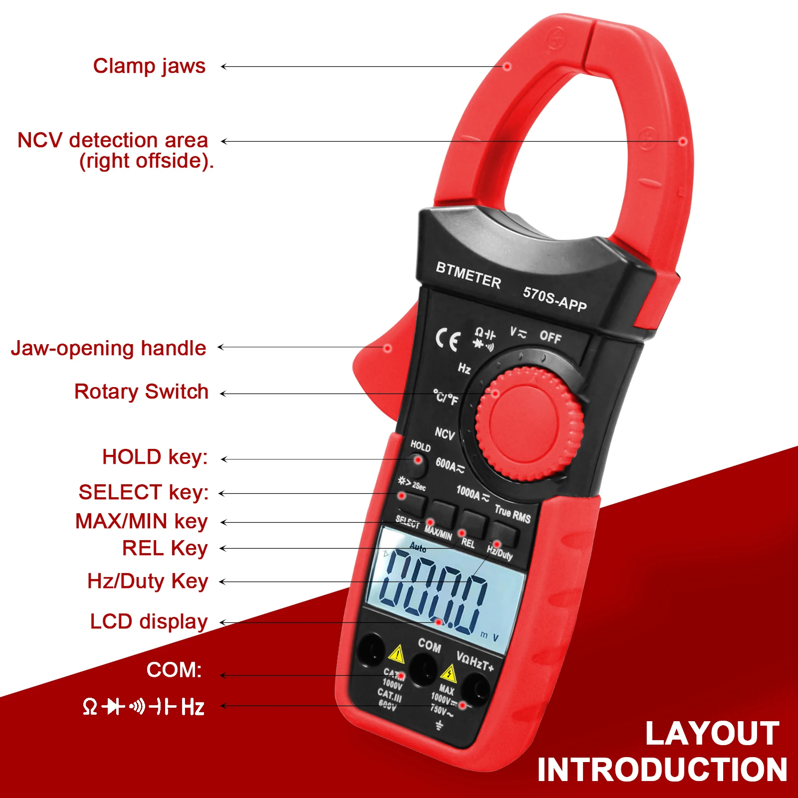BT-570S-APP цифровой AC/DC Вольт Ампер Токоизмерительные клещи Беспроводной Bluetooth 1000A