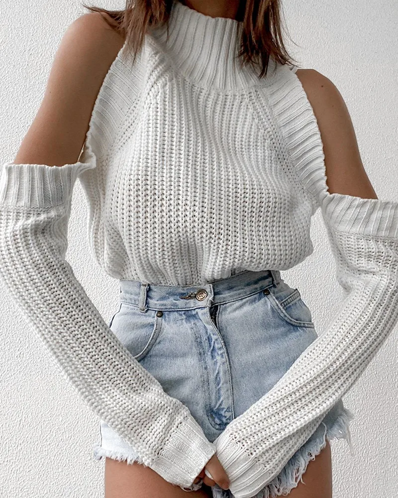 

Cold Shoulder High Neck Sweater Women Long Sleeve Sweaters