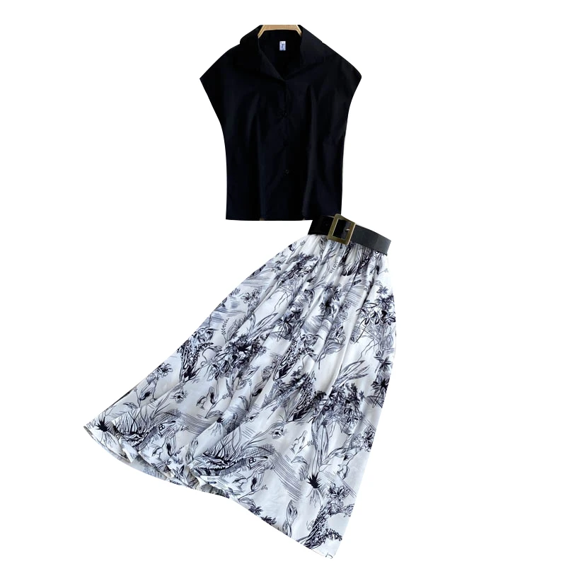 

Women's Summer New Fashion Single Breasted Black Shirt Tops + Printed Skirt Elegant Two-piece Sets T521