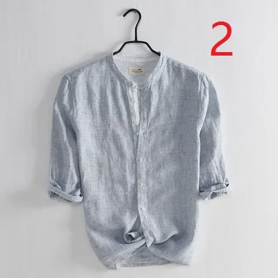 

Small fresh art men's linen shirt casual small stand collar seven-point sleeve shirt striped cotton
