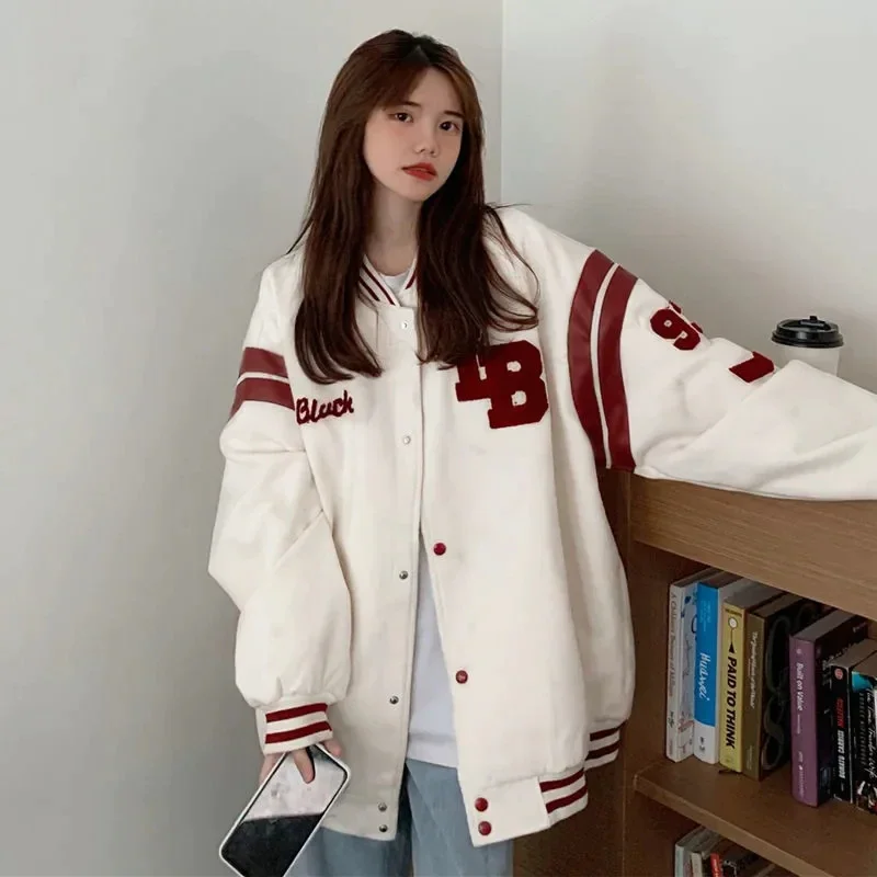 

2021 New Arrival Hot Single Breasted Spliced Letter Brand Clothing Bomber Women Jacket Loose Baseball Uniform Female Winter Coat
