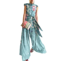 80 dropshippingoffice lady jumpsuit floral print stand collar women wide leg belted patchwork romper for party