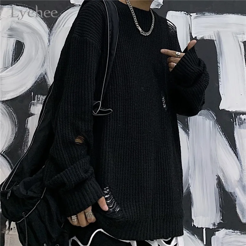 

Lychee Harajuku Hole Women Sweaters Casual Loose Pullover Long Sleeve Round Neck Spring Lady Tops