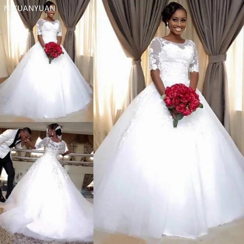 

Vintage 2021 African A Line Wedding Dresses Jewel Neck Half Sleeves Lace Appliques Sweep Train Puffy Formal Bridal Gown