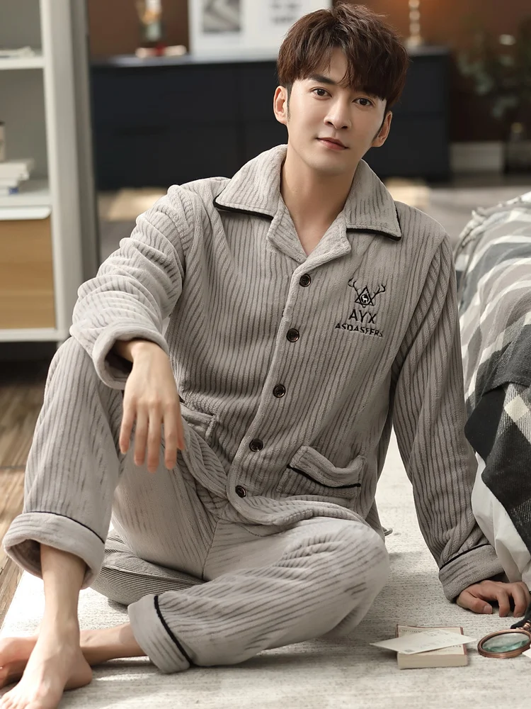 Casual loose sleepwear long sleeve coral fleece thicken warm winter bedroom plus size sleepwear Szata Zestawy Men's Sleep DB60SY
