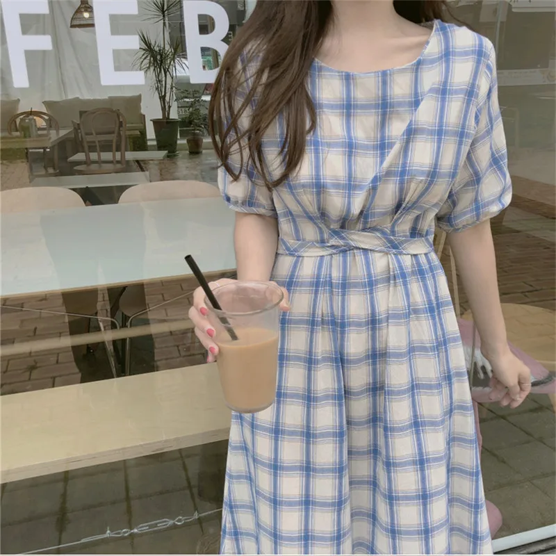 Платье женское летнее из хлопка и льна с коротким рукавом круглым