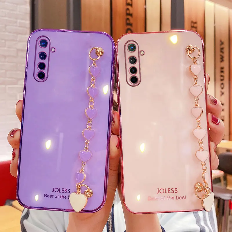 Силиконовый чехол на запястье с цепочкой любовным сердцем для Oppo Realme XT роскошный