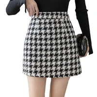 houndstooth plaid woolen mini skirts women high waist office lady a line pencil skirt vintage slim fit elegant clubwear x741