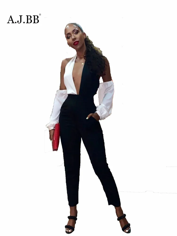 

New sexy black and white splicing night club Jumpsuit summer fashion slim deep V-neck sleeveless women's Vest pants