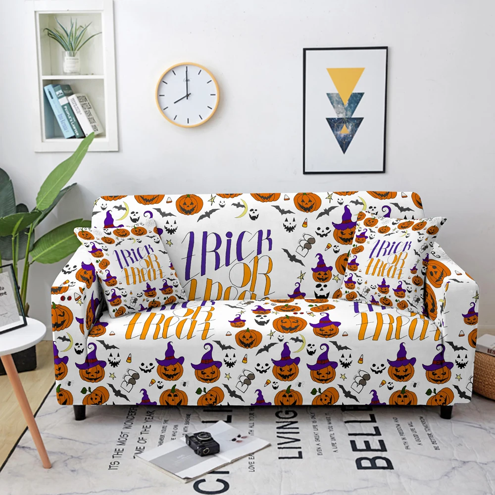 Funda el&aacute;stica con estampado de calabaza fantasma para sof&aacute;, cubierta de esquina el&aacute;stica para sala de estar, decoraci&oacute;n para fiesta de Halloween, Protector de sof&aacute;-4