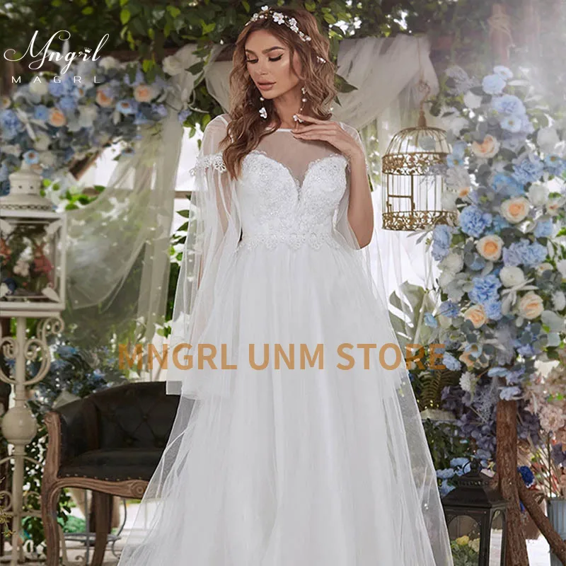 

MNGRL Retro Simple Wedding Dress White O-neck Lace Long Sleeve Bridal Dresses 3D Flower Sequins Fluffy Skirt Wedding Gown