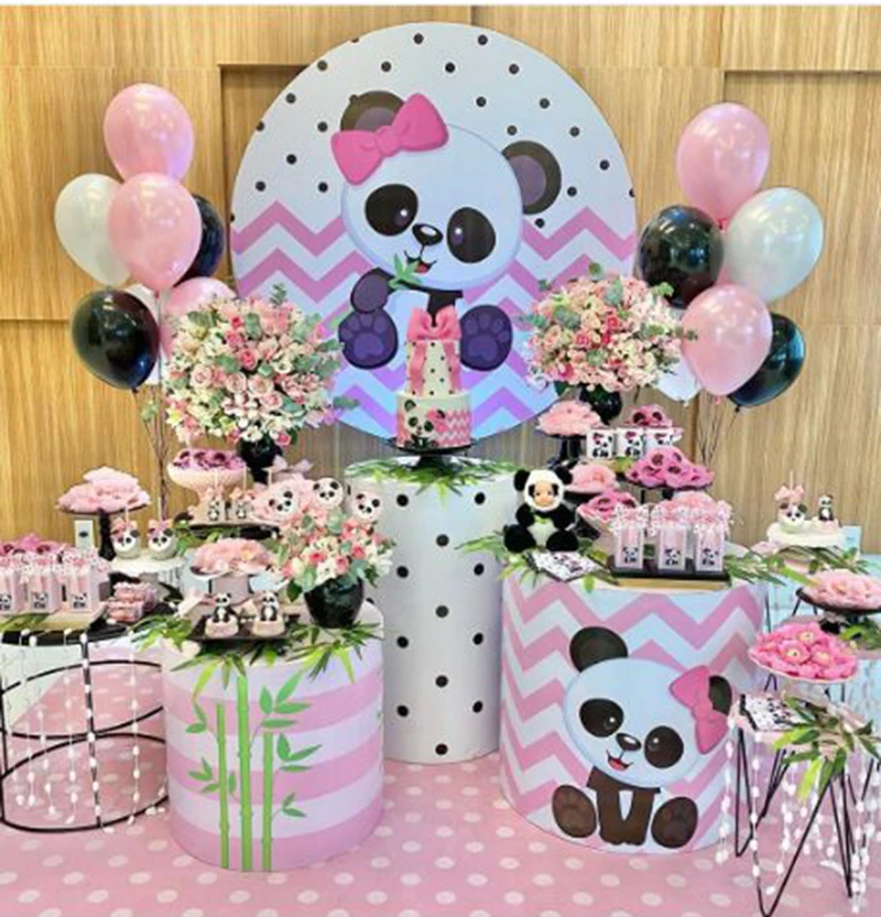 Fondo de círculo redondo para Decoración de cumpleaños, mini Mesa de pastel, bonito panda rosa, tela elástica para baby shower, cubierta de zócalo de 3 cilindros