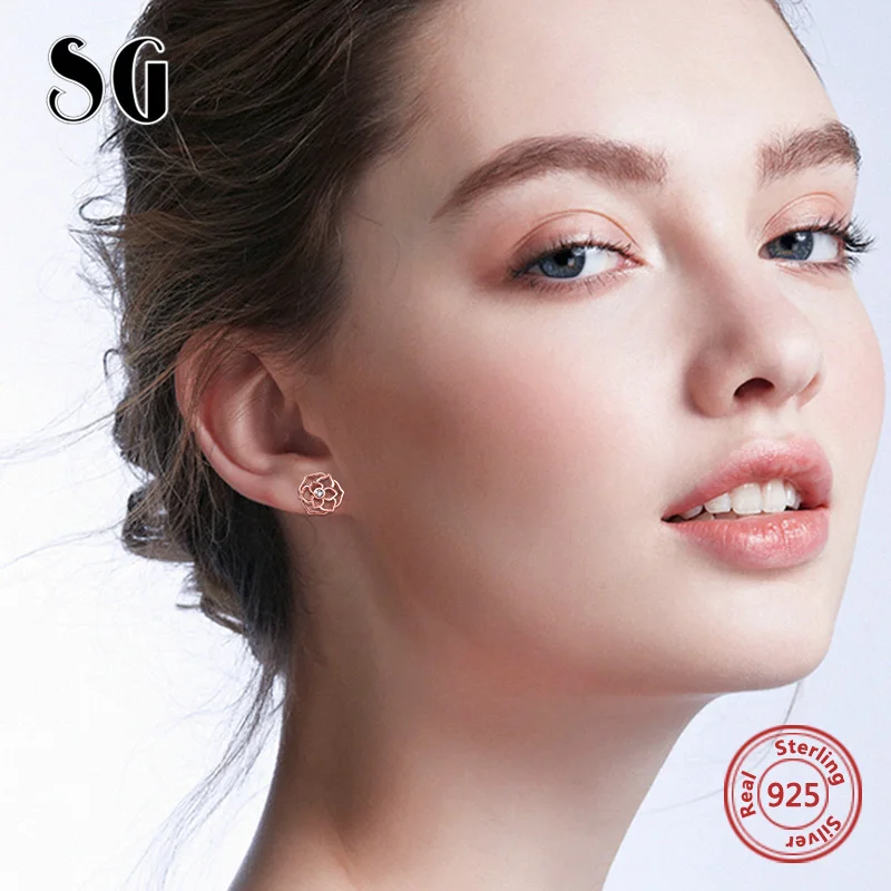 SG 925 sterling silver rose flower stud earrings with white Zircon Hollow earring for women wedding party fashion Jewelry