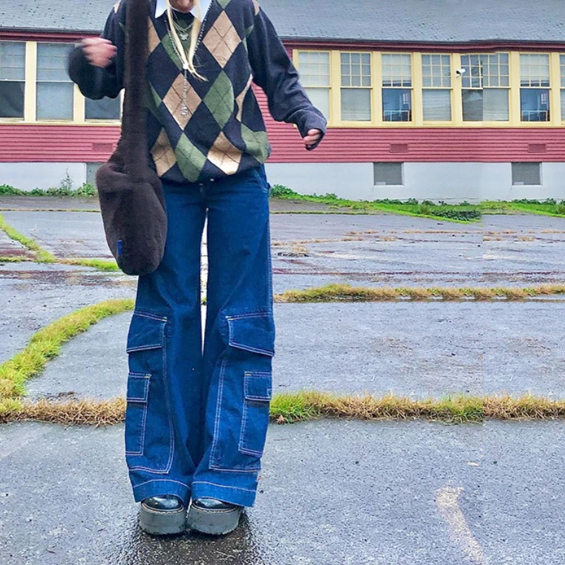 

Spring and Autumn New Retro Style High Waist Solid Color Wide Leg Jeans Women Street Solid Color Large Pocket Jeans Ladies