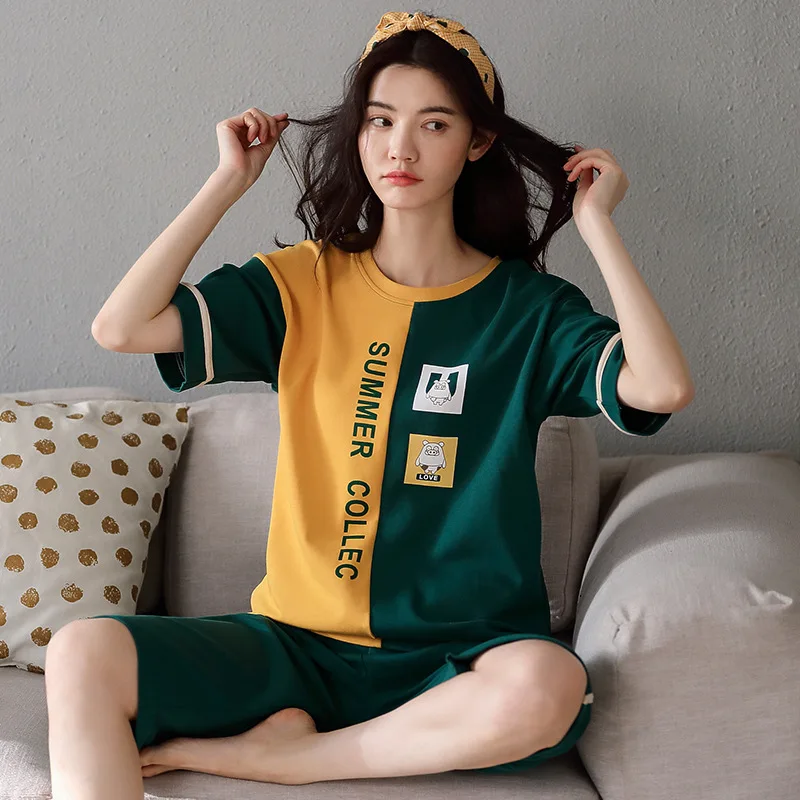 Простая Пижама женские пижамы Хлопковые пижамные комплекты с коротким рукавом