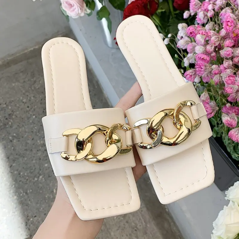 

Women's Golden Chain Slipper Solid Color Square Toe Flip Flops Summer Ladies Outdoor Beach Shoes Slides Pu Leather Flip Flop