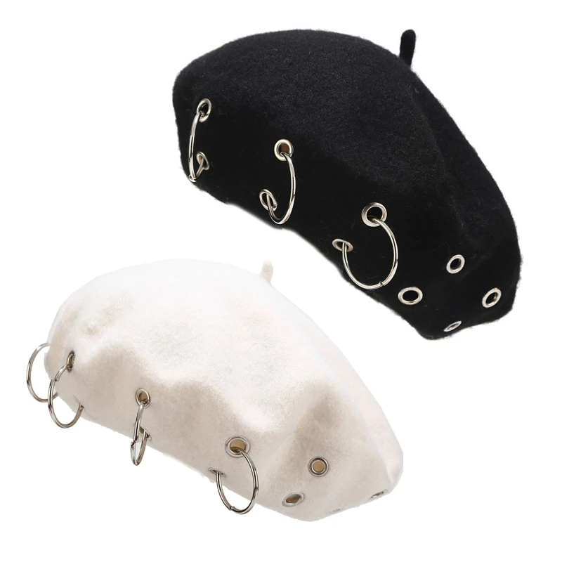 

2022 New Punk Style Beret Iron Rings Octagonal Hat Beanie Hat Painter Hat Show Face Small