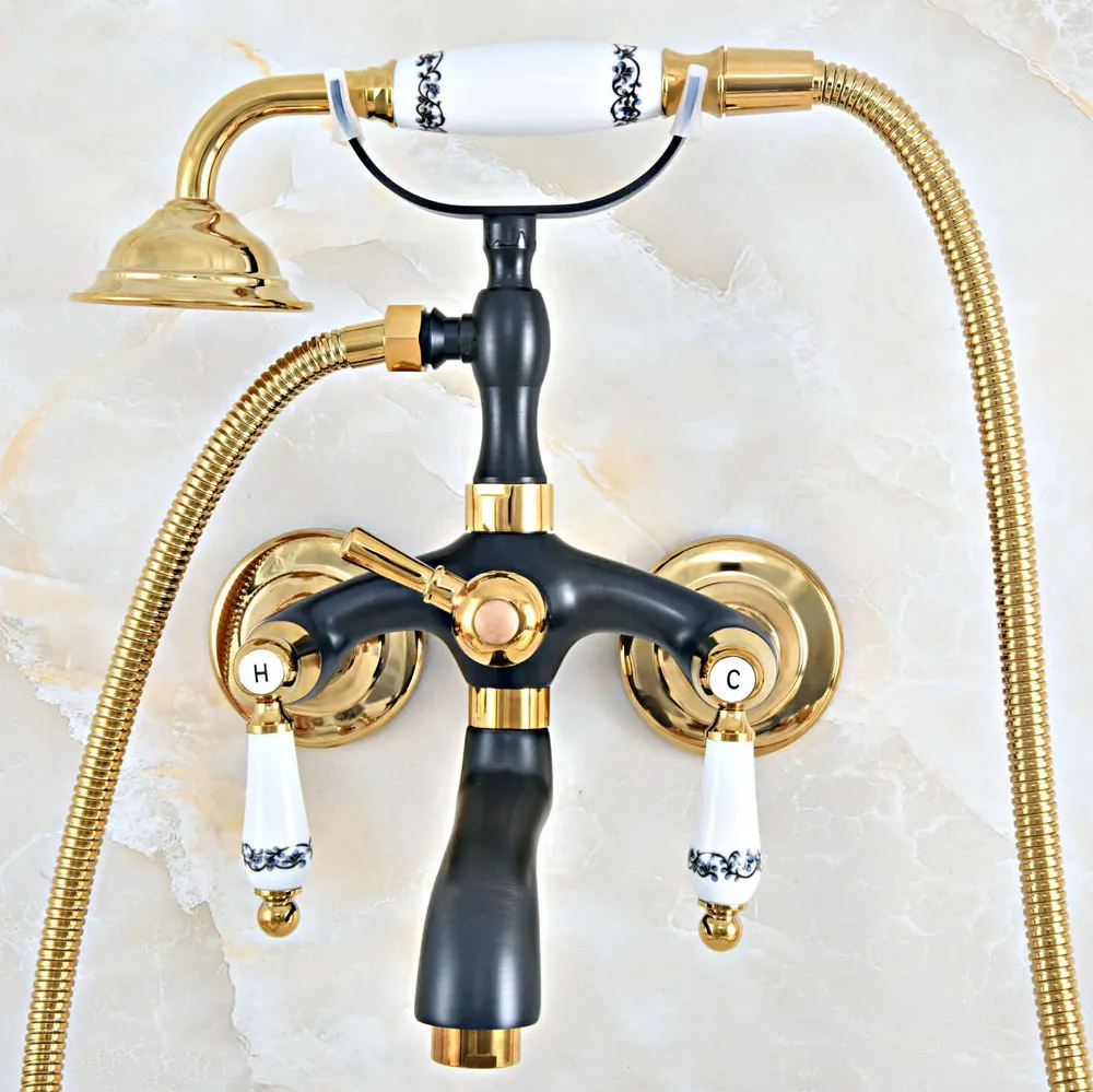 

Black Gold Color Brass Wall Mount Bathroom Tub Faucet Dual Ceramic Levers Telephone Style Hand Shower Clawfoot Tub Filler ana442