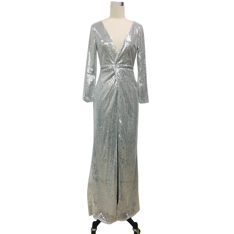Women's dresses high waist Sexy Sequin full sleeve Maxi Dress Deep V-Neck Split Evening Party Ball Gown ladies dress | Женская