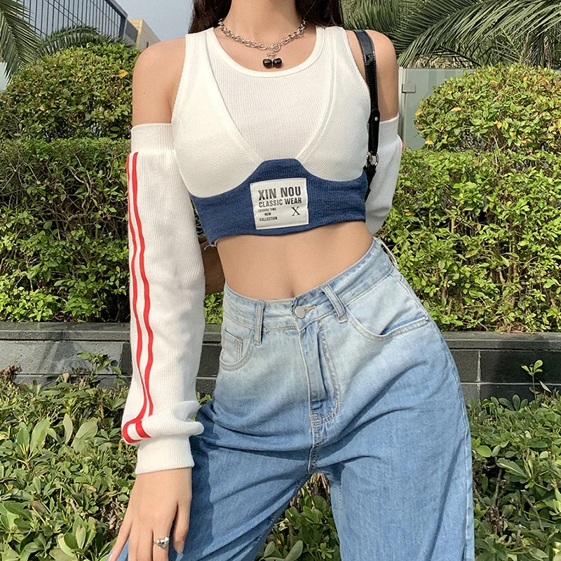 

2021 Fall Winter New Female Slim Body Contrast Color Sexy Tops Long Sleeve Strapless White Short Wild T-shirt Woman Solid Tshirt
