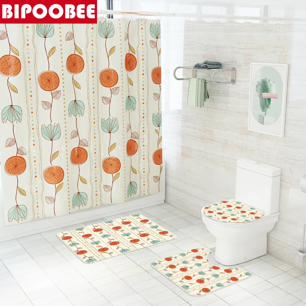 

Red Flower Green Leaves Print Bathroom Shower Curtains Non-slip Rugs Plant Carpet Floor Mat Toilet Lid Cover Fabric Bath Curtain