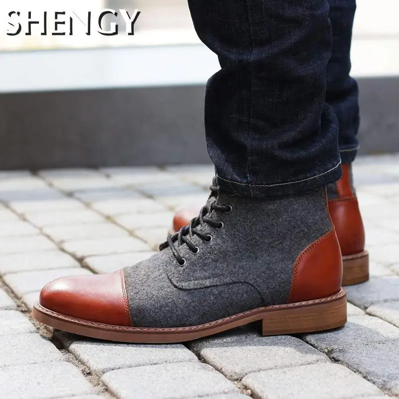 Мужские Винтажные ботинки с высоким берцем коричневые кожаные из флока острым