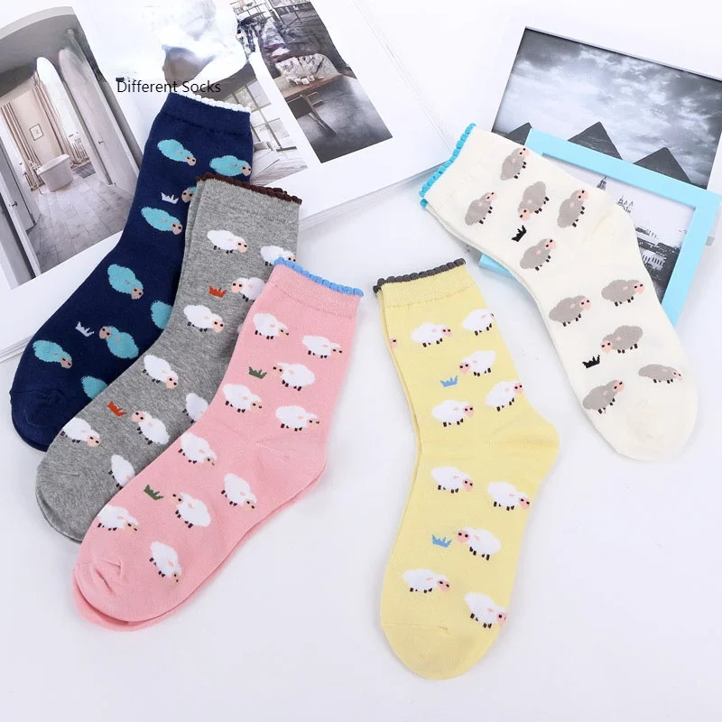 

Women Socks Autumn Winter New Lace Cartoon Sheep Jacquard Tube Socks Ladies College Wind Cute Sweet Animal Warm Cotton Sock
