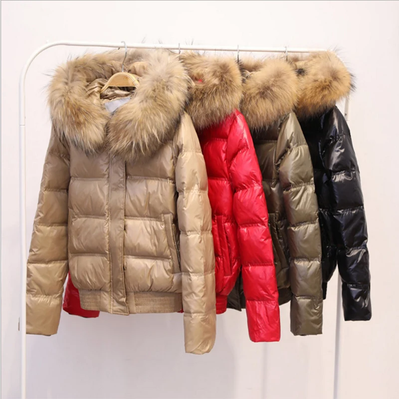 2021 winter women's real raccoon fur collar white duck down hooded jacket short coat female slim casual down jacket