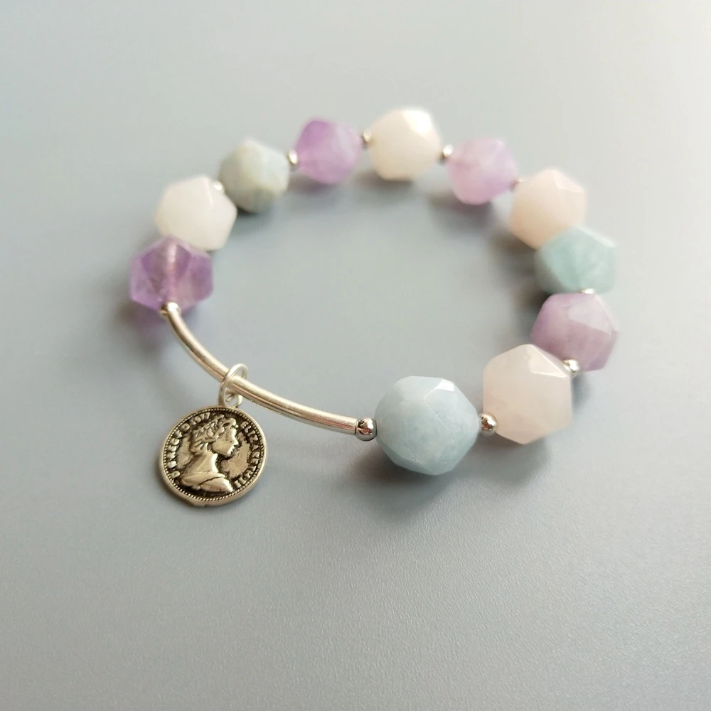 LiiJi уникальный Натуральный аквамарин аметист розовый кварцевый браслет из