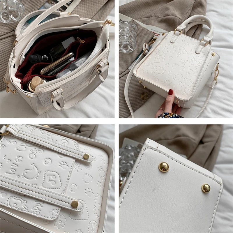 

Chic Design Cartoon Print Studded Small Top Handle Bags For Women Large Capacity Tote High Quality Shoulder Crossbody Bags 2021