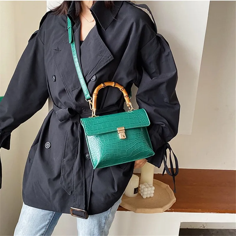 С каменным узором кожаные маленькие сумки через плечо для женщин с бамбуковой