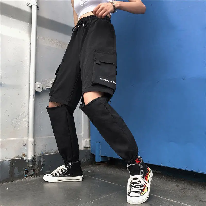 

Women Gothic Jogging Balck Cargo Pants Women Hippie Streetwear Summer Wide Leg Ankle Trousers for Female 2021 Korean Fashion