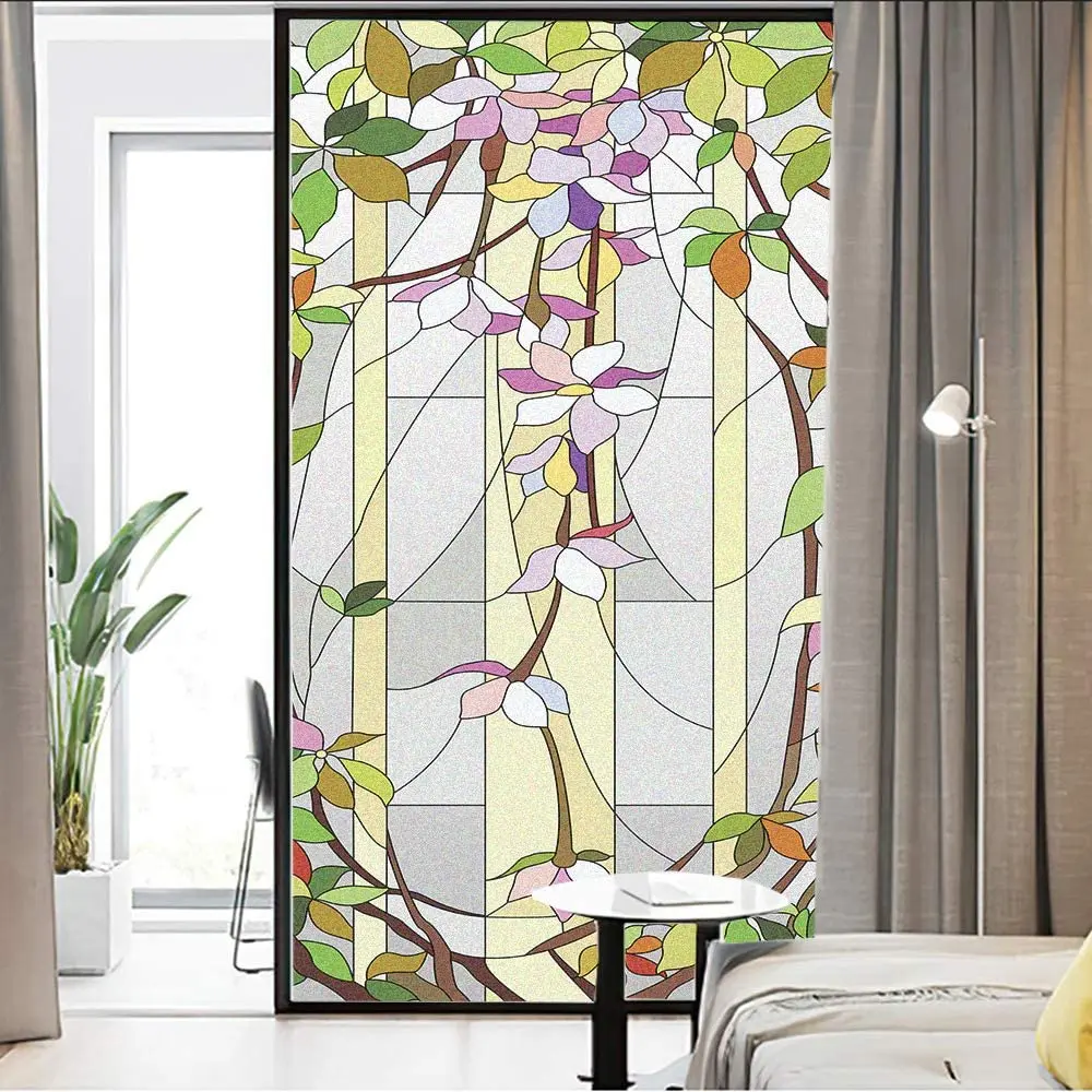 

Privacy Windows Film Decorative Orchid Flower Stained Glass Window Stickers No Glue Static Cling Frosted Window Cling