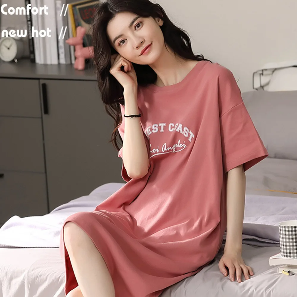 

Summer Nightdress Women's New Pure Cotton Thin Pullover Round Neck Lively And Lovely Medium Long Household onesie women