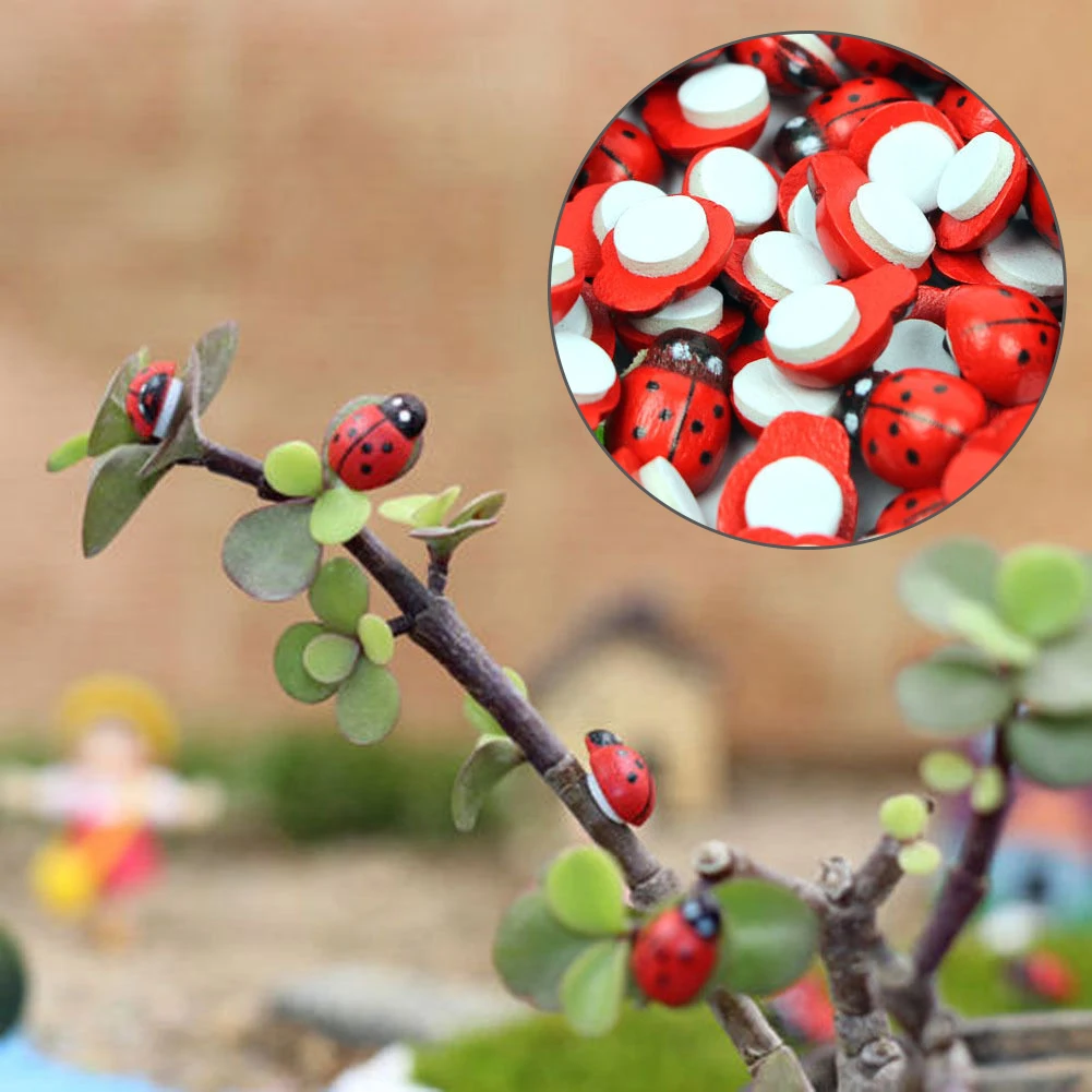 50pcs/bag 11*8mm Mini Beetles Ladybird Ornament DIY Wood Ladybug Craft Micro Landscape Home Garden Pot Decor | Дом и сад